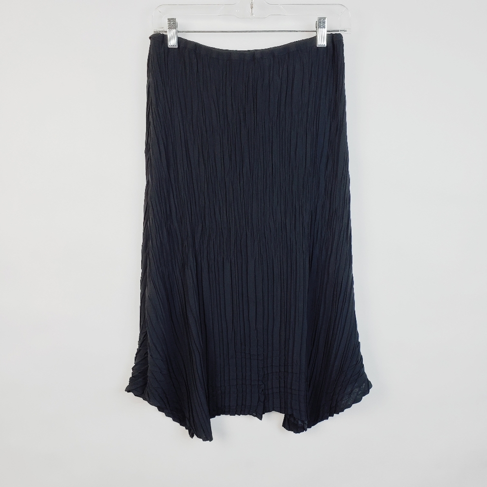 Vintage Black Sharkbite Hem Crinkled Pleat Midi Skirt Medium